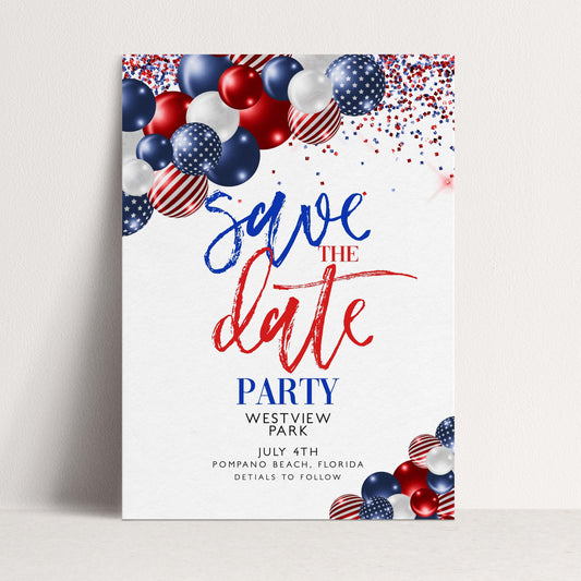 4th of July Save the Date Invitation, Patriotic Party Invite, Independence Day Celebration, Red White Blue Invite