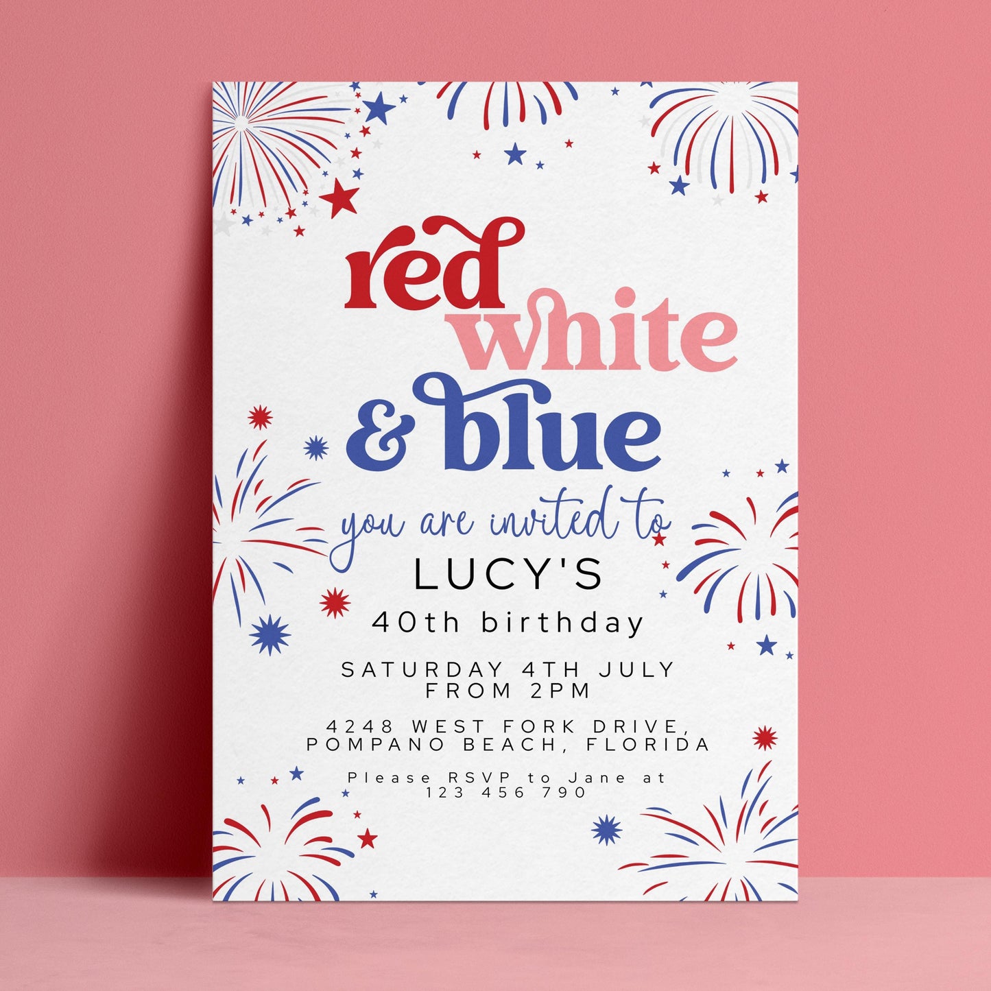 Editable 4th of July birthday invitation with red white and blue fireworks and retro typography on white background — digital download template via Corjl