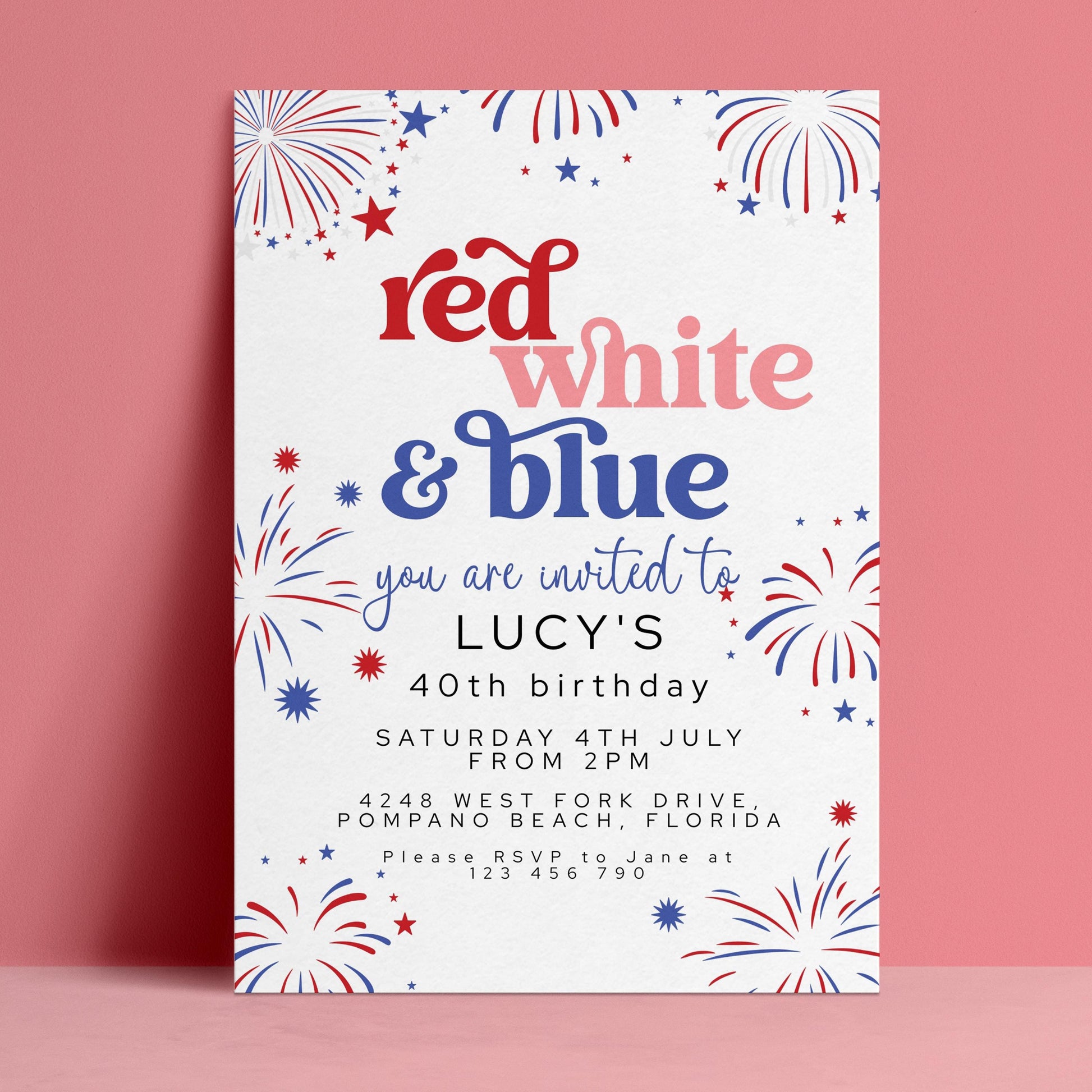 Editable 4th of July birthday invitation with red white and blue fireworks and retro typography on white background — digital download template via Corjl