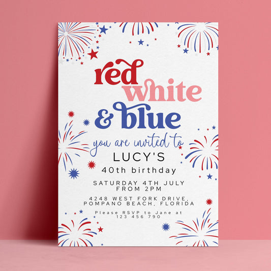 Editable 4th of July birthday invitation with red white and blue fireworks and retro typography on white background — digital download template via Corjl