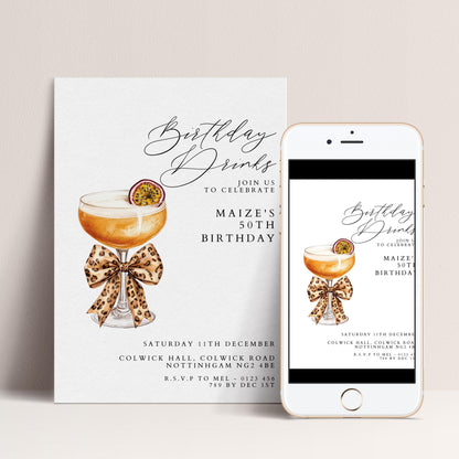 50th Birthday Drinks Invitation, Cocktail Party Invite, Leopard Bow Birthday Invite, Glam 50th Birthday, Editable Corjl