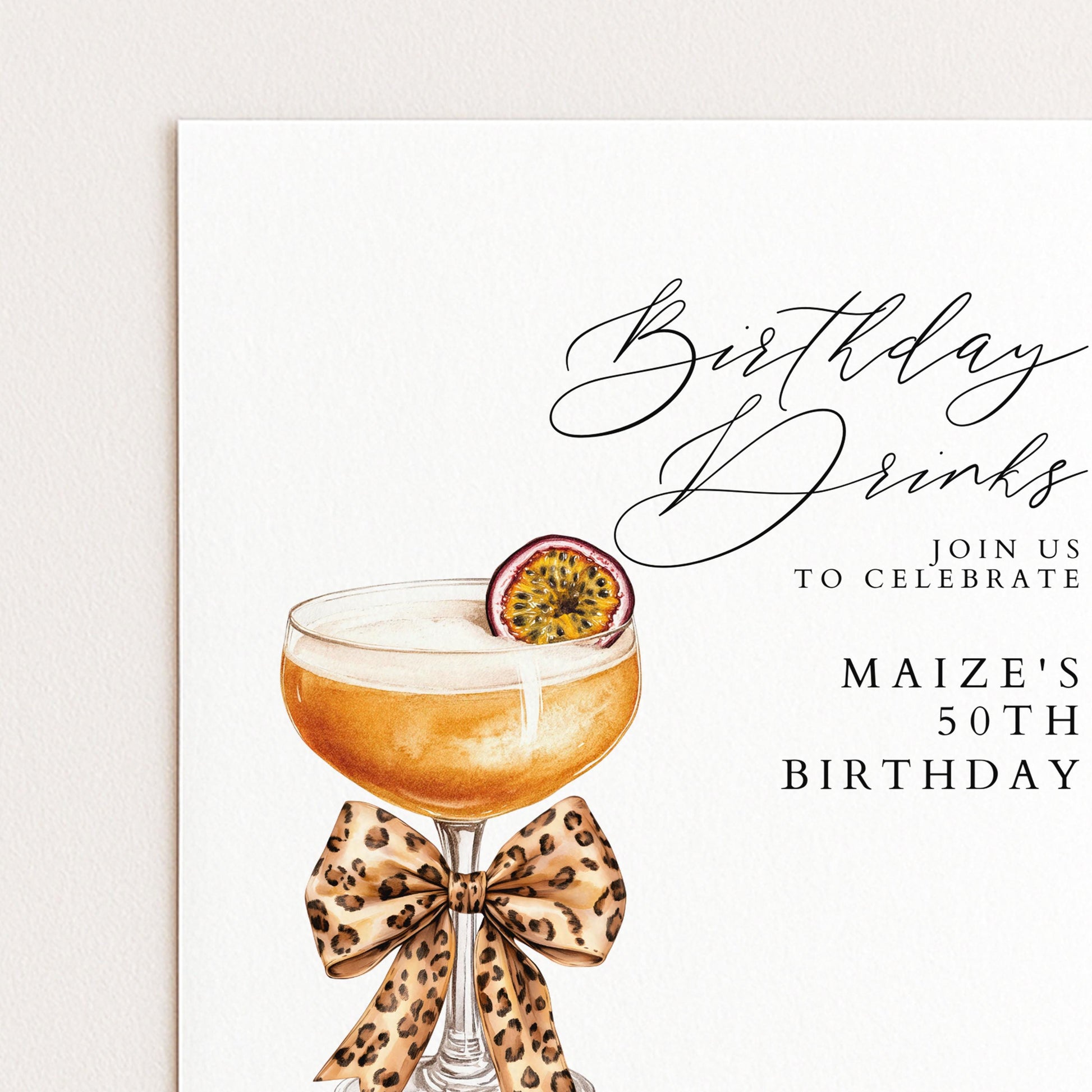 50th Birthday Drinks Invitation, Cocktail Party Invite, Leopard Bow Birthday Invite, Glam 50th Birthday, Editable Corjl
