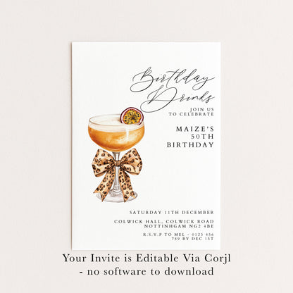50th Birthday Drinks Invitation, Cocktail Party Invite, Leopard Bow Birthday Invite, Glam 50th Birthday, Editable Corjl