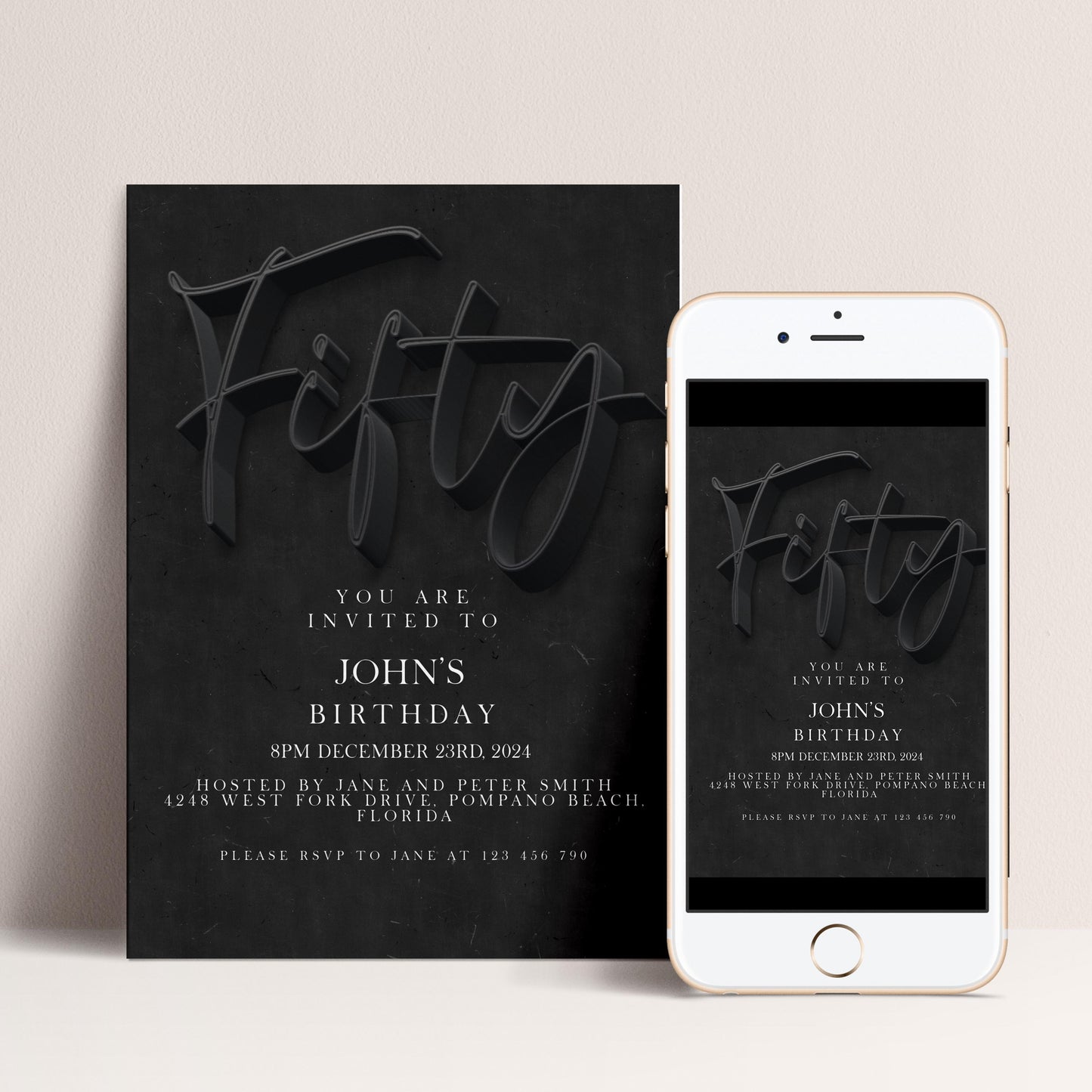 50th Birthday Invitation Editable 50th invite Black invitation Simple Elegant For Him or Her Instant Download Printable SE19