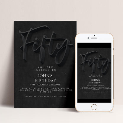 50th Birthday Invitation Editable 50th invite Black invitation Simple Elegant For Him or Her Instant Download Printable SE19