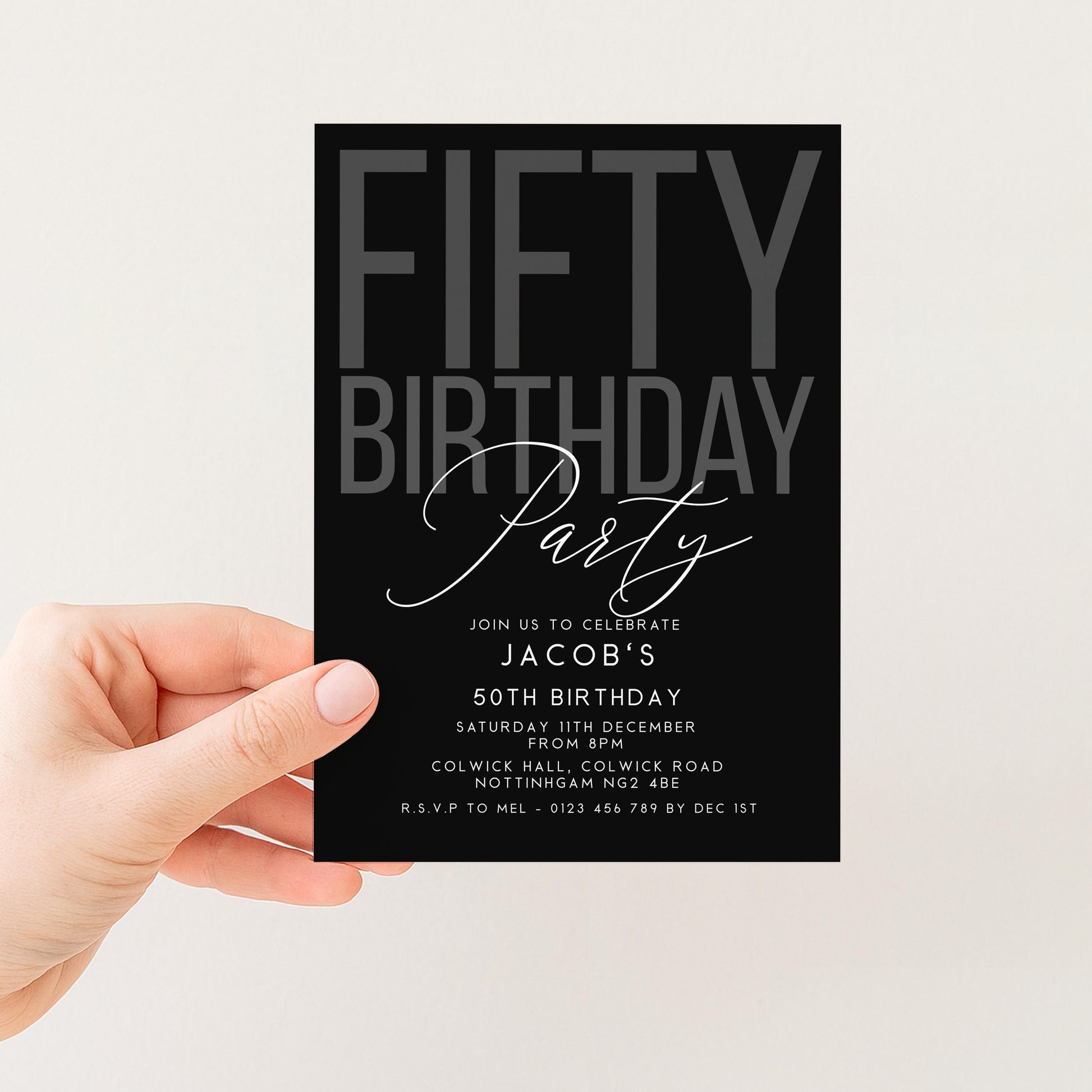 Editable 50th Birthday Invitation, Editable Black Fifty Party Invite, Mens Adult Invitation Template, 50th BirthdayPrintable Template