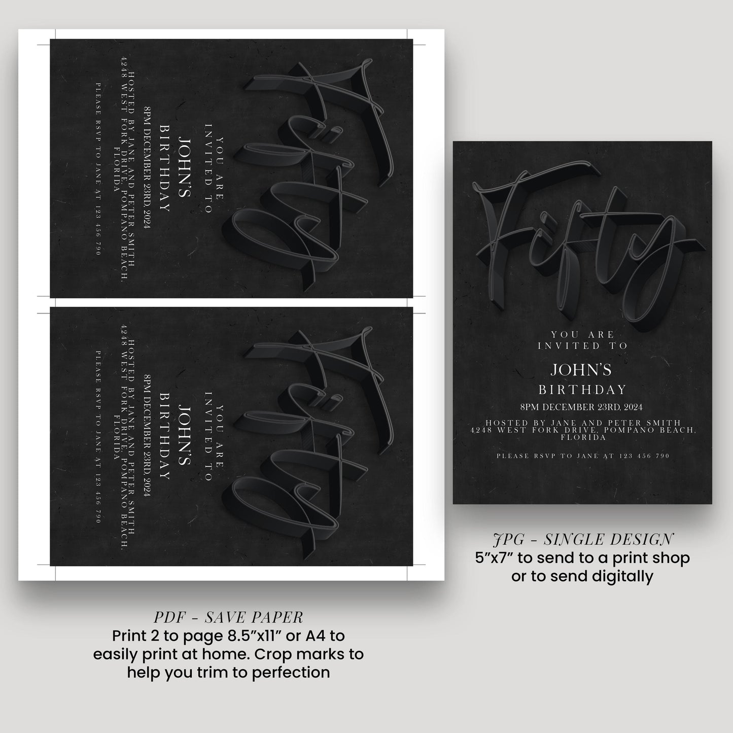 50th Birthday Invitation Editable 50th invite Black invitation Simple Elegant For Him or Her Instant Download Printable SE19