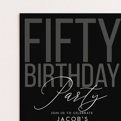Editable 50th Birthday Invitation, Editable Black Fifty Party Invite, Mens Adult Invitation Template, 50th BirthdayPrintable Template