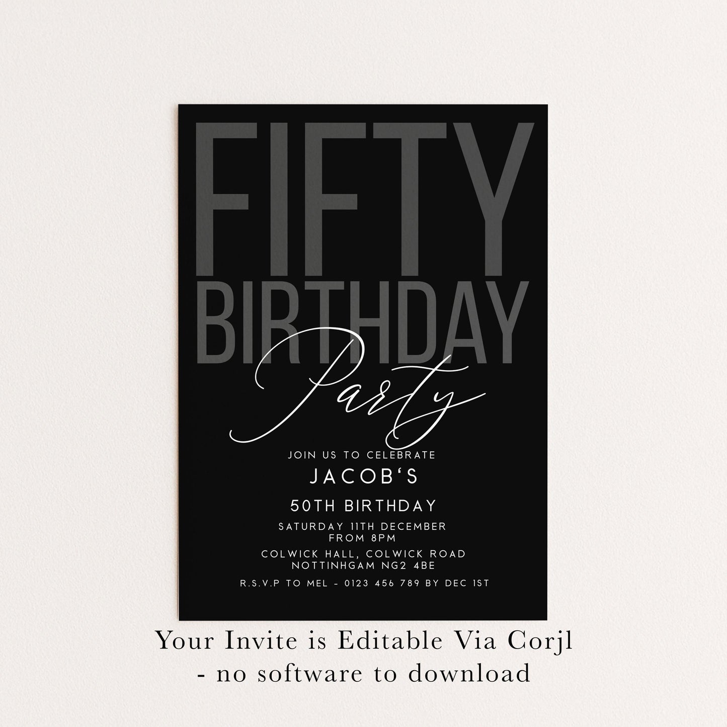 Editable 50th Birthday Invitation, Editable Black Fifty Party Invite, Mens Adult Invitation Template, 50th BirthdayPrintable Template