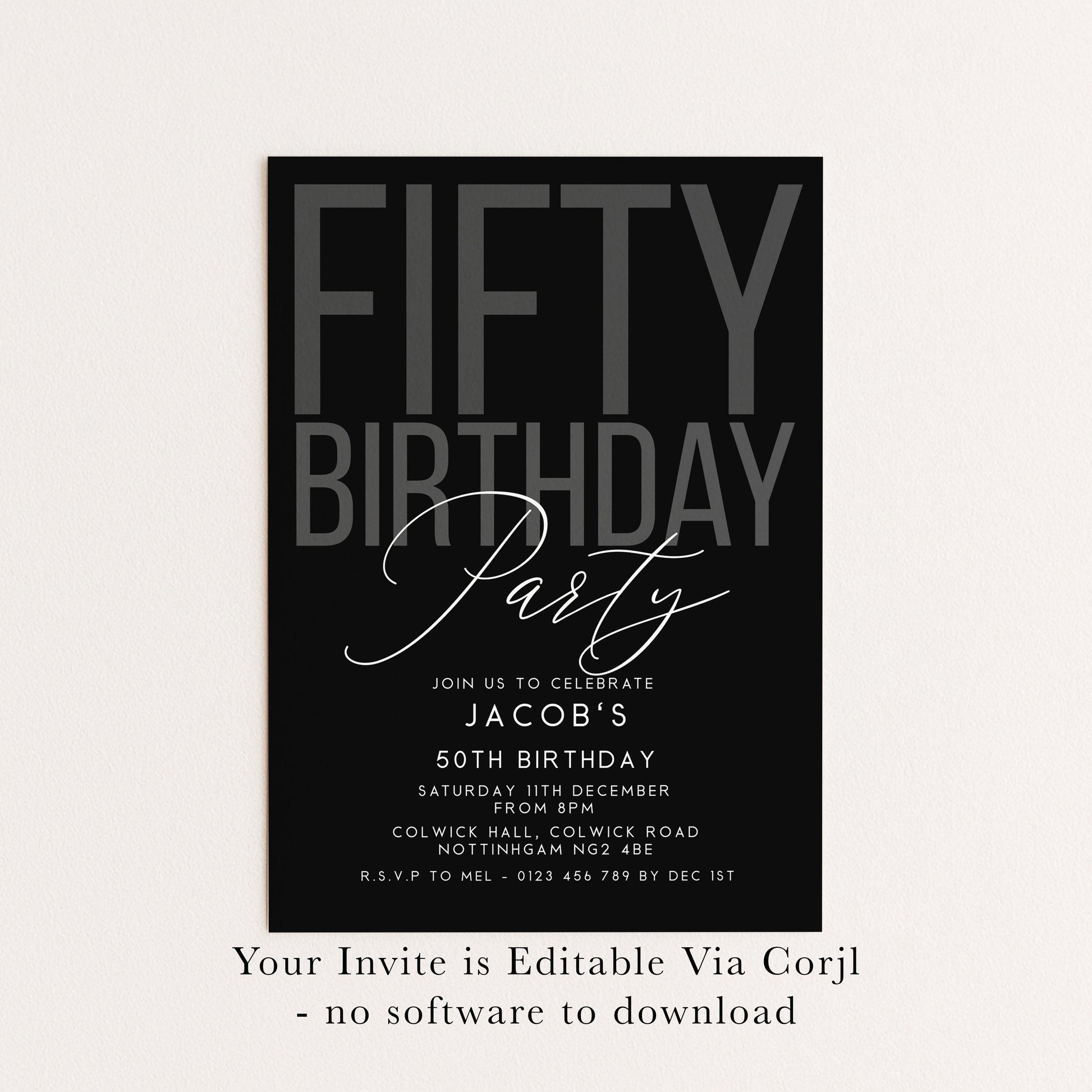 Editable 50th Birthday Invitation, Editable Black Fifty Party Invite, Mens Adult Invitation Template, 50th BirthdayPrintable Template