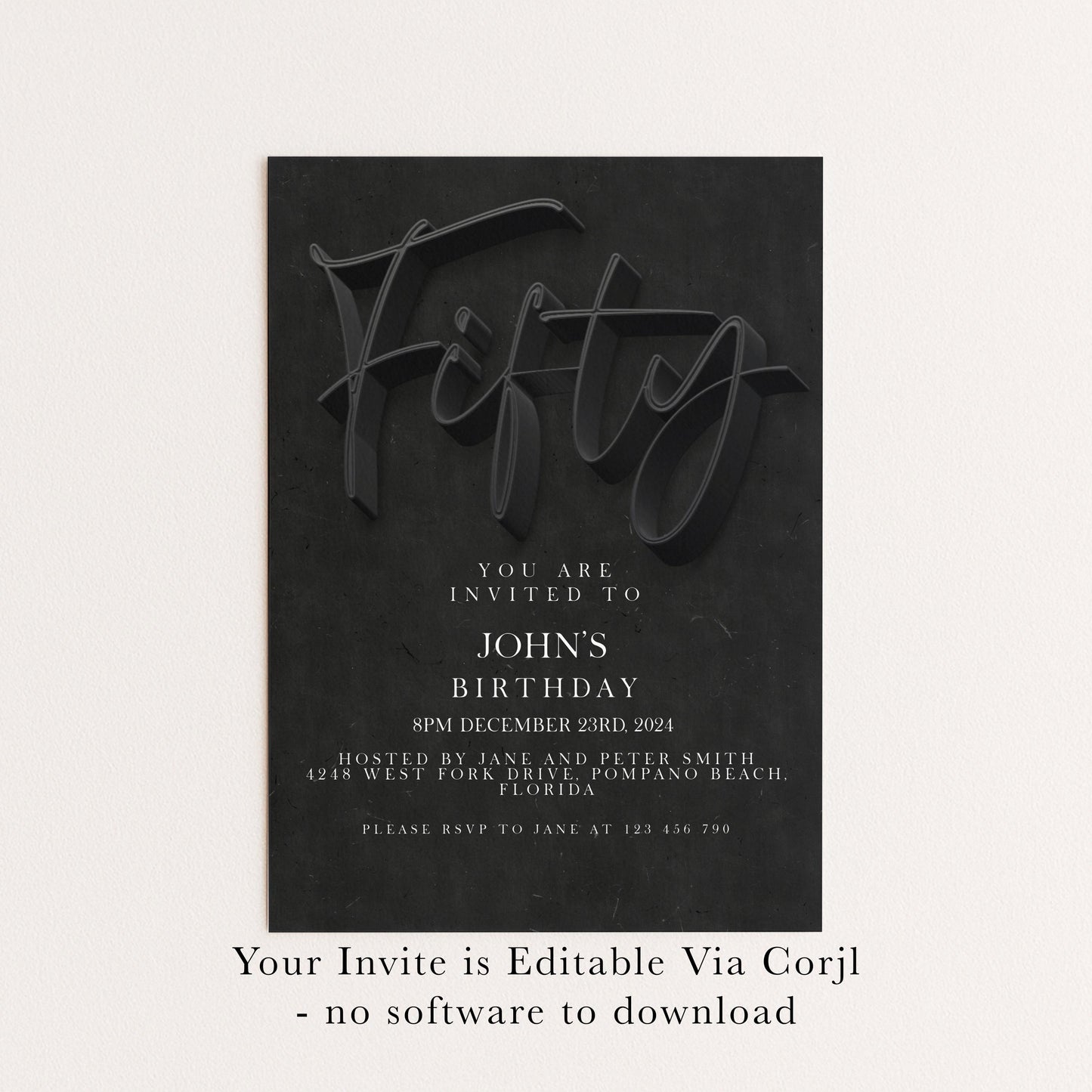 50th Birthday Invitation Editable 50th invite Black invitation Simple Elegant For Him or Her Instant Download Printable SE19