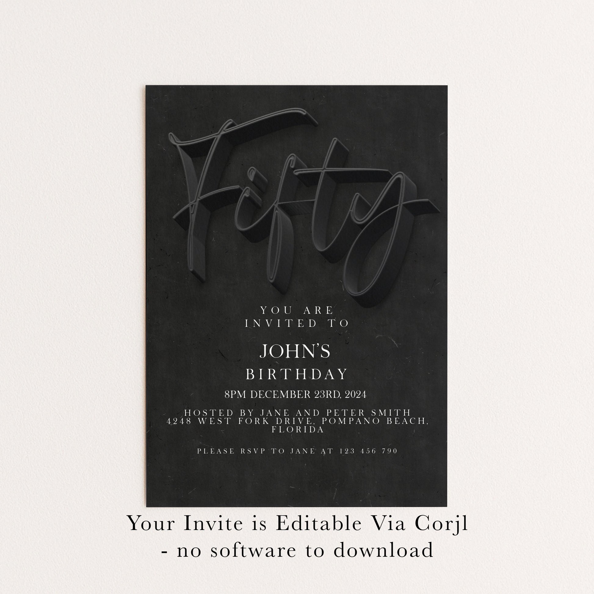 50th Birthday Invitation Editable 50th invite Black invitation Simple Elegant For Him or Her Instant Download Printable SE19