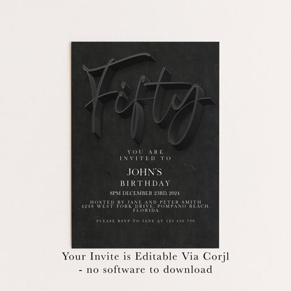 50th Birthday Invitation Editable 50th invite Black invitation Simple Elegant For Him or Her Instant Download Printable SE19