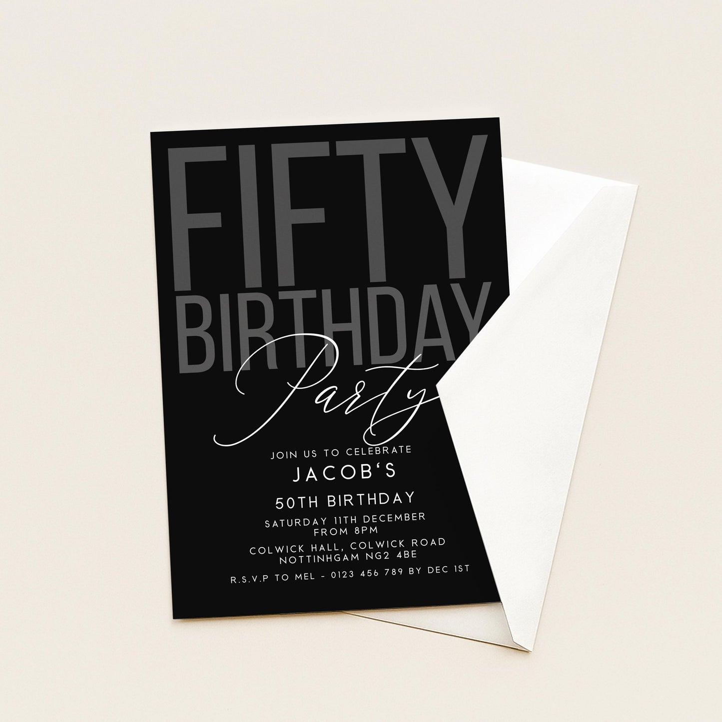 Editable 50th Birthday Invitation, Editable Black Fifty Party Invite, Mens Adult Invitation Template, 50th BirthdayPrintable Template
