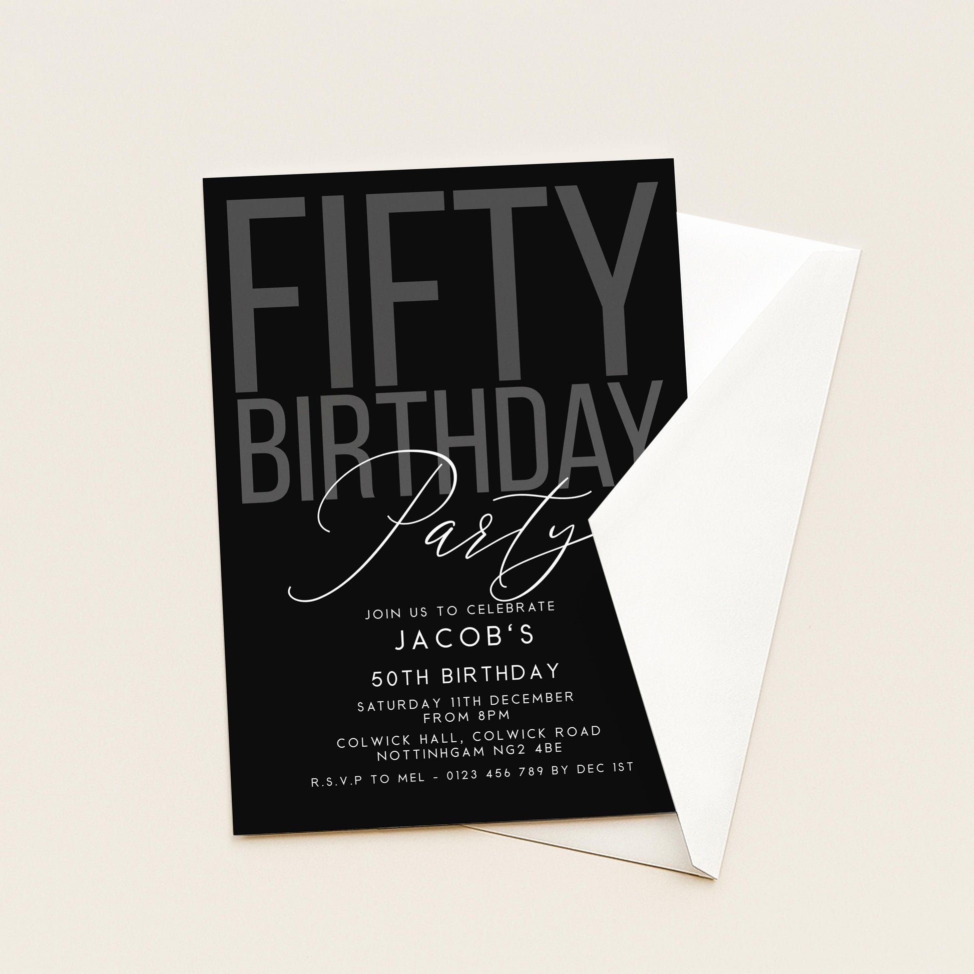 Editable 50th Birthday Invitation, Editable Black Fifty Party Invite, Mens Adult Invitation Template, 50th BirthdayPrintable Template