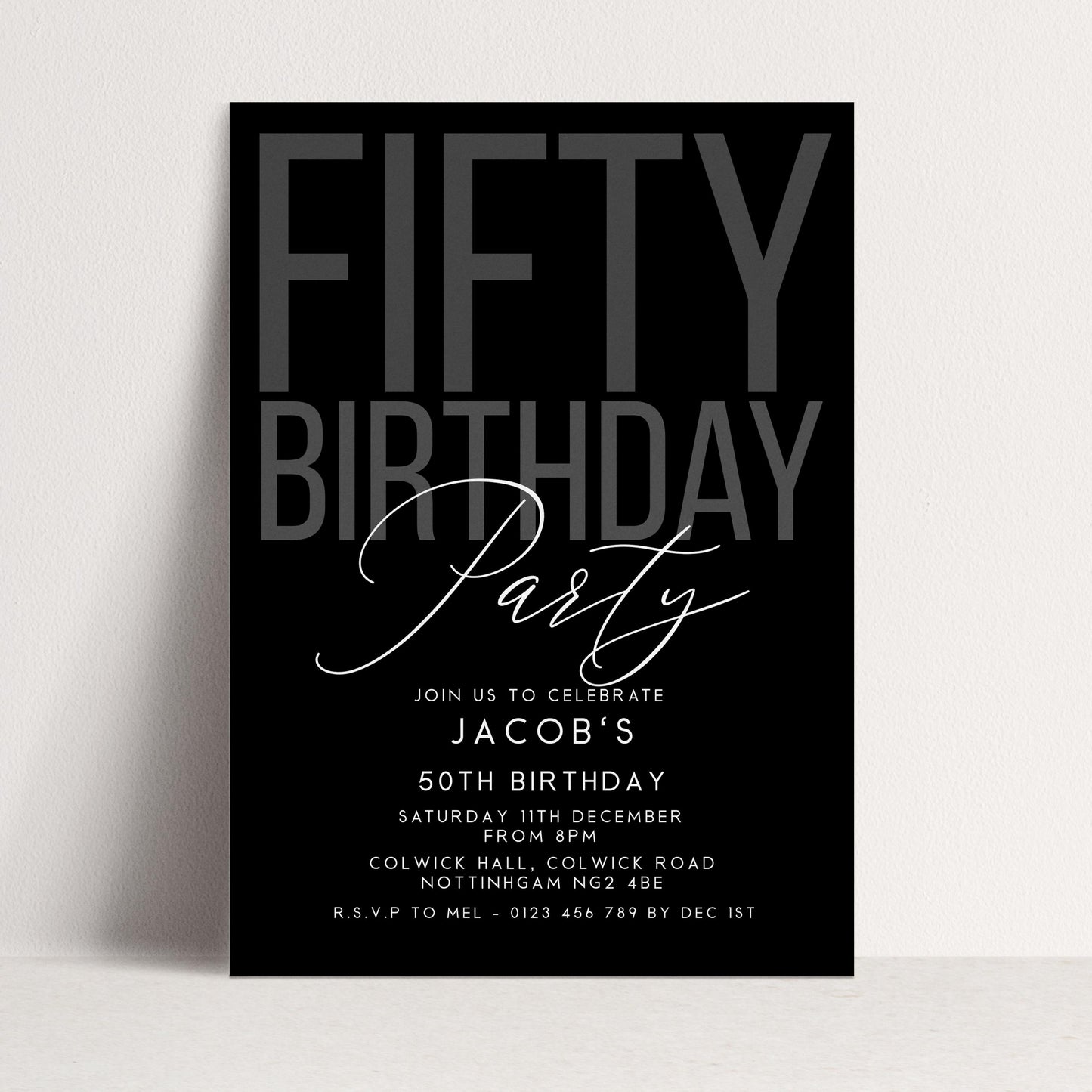 Editable 50th Birthday Invitation, Editable Black Fifty Party Invite, Mens Adult Invitation Template, 50th BirthdayPrintable Template
