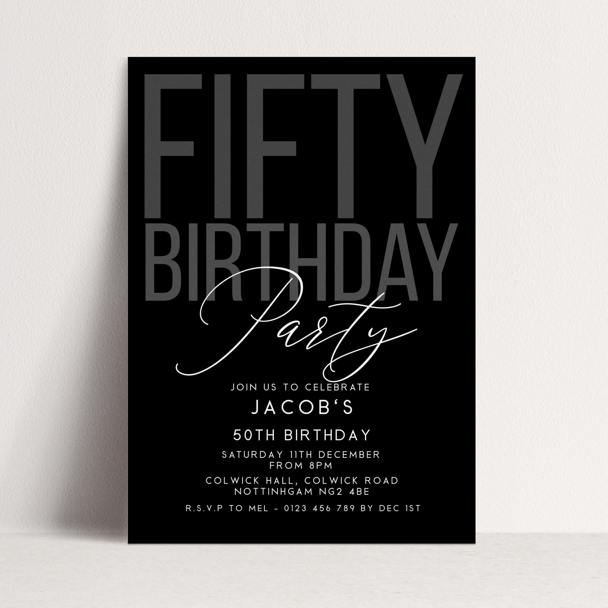 Editable 50th Birthday Invitation, Editable Black Fifty Party Invite, Mens Adult Invitation Template, 50th BirthdayPrintable Template