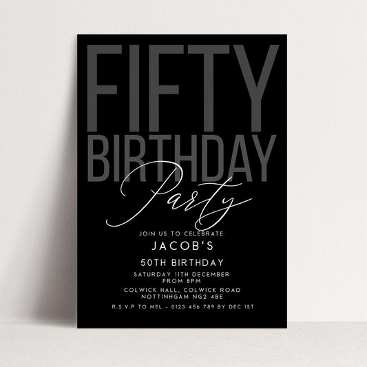 Editable 50th Birthday Invitation, Editable Black Fifty Party Invite, Mens Adult Invitation Template, 50th BirthdayPrintable Template