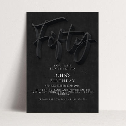 50th Birthday Invitation Editable 50th invite Black invitation Simple Elegant For Him or Her Instant Download Printable SE19