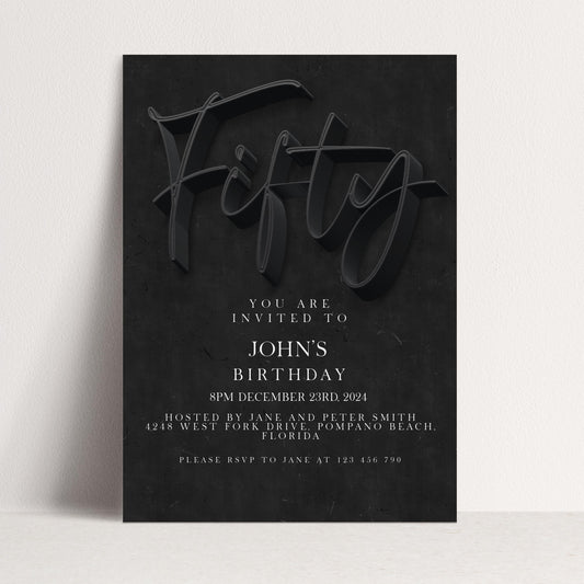 50th Birthday Invitation Editable 50th invite Black invitation Simple Elegant For Him or Her Instant Download Printable SE19