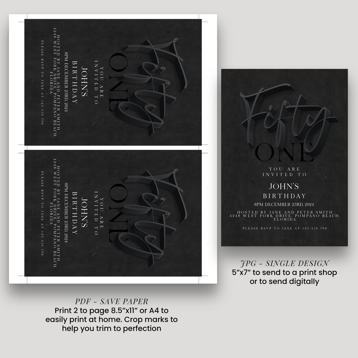 50th Birthday Invitation Black Elegant Script, Modern Milestone Party Invite, Adult Birthday Celebration, Editable TemplateSE19