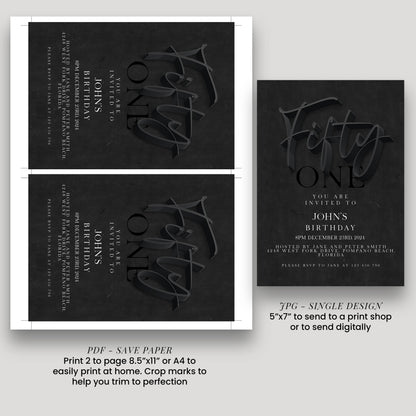 50th Birthday Invitation Black Elegant Script, Modern Milestone Party Invite, Adult Birthday Celebration, Editable TemplateSE19