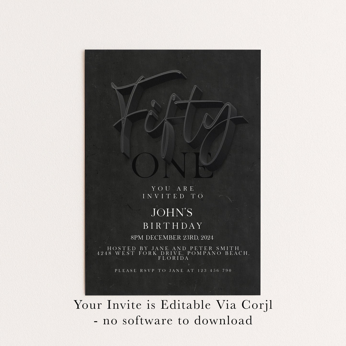 50th Birthday Invitation Black Elegant Script, Modern Milestone Party Invite, Adult Birthday Celebration, Editable TemplateSE19