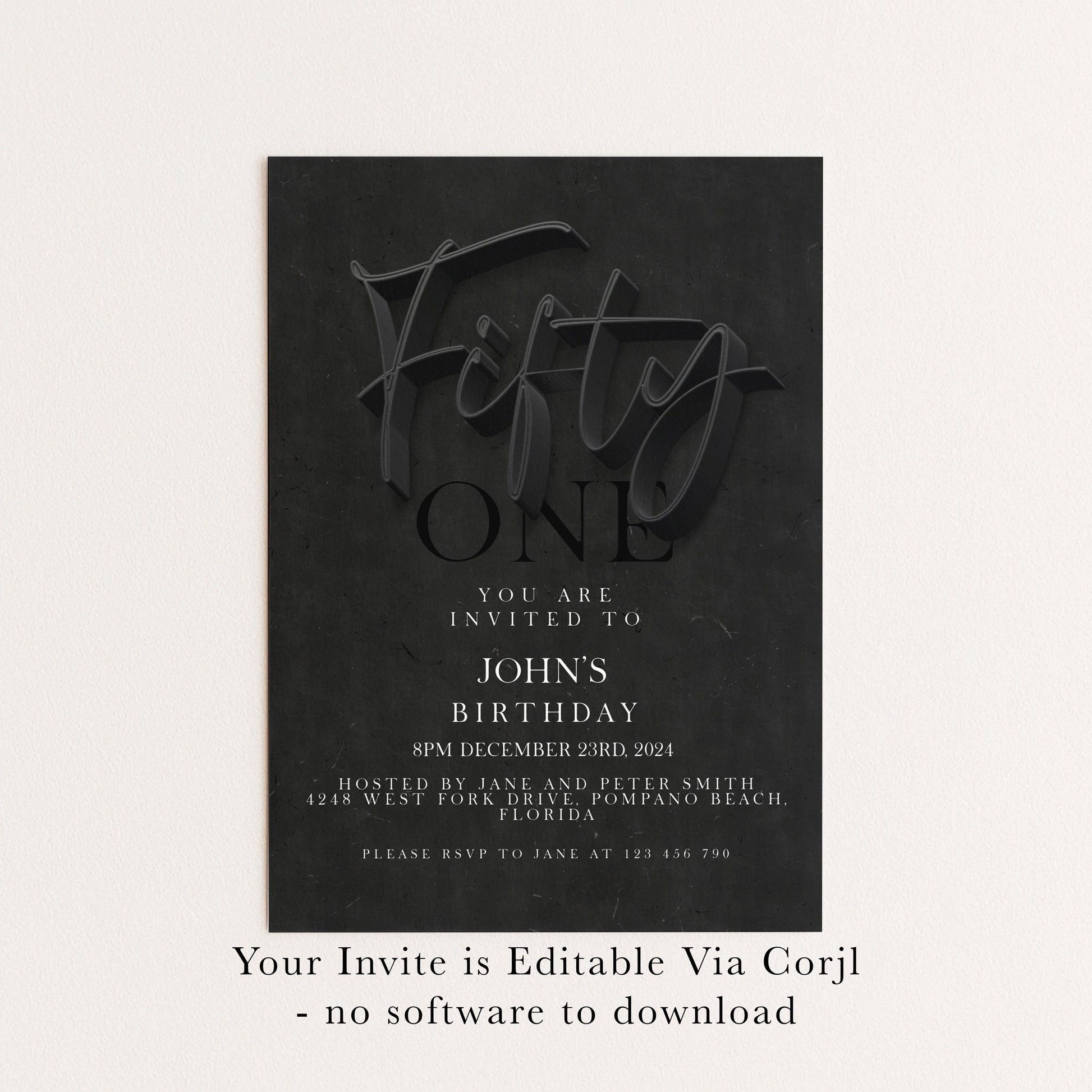 50th Birthday Invitation Black Elegant Script, Modern Milestone Party Invite, Adult Birthday Celebration, Editable TemplateSE19