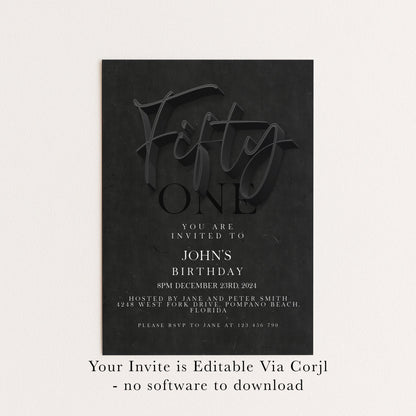 50th Birthday Invitation Black Elegant Script, Modern Milestone Party Invite, Adult Birthday Celebration, Editable TemplateSE19