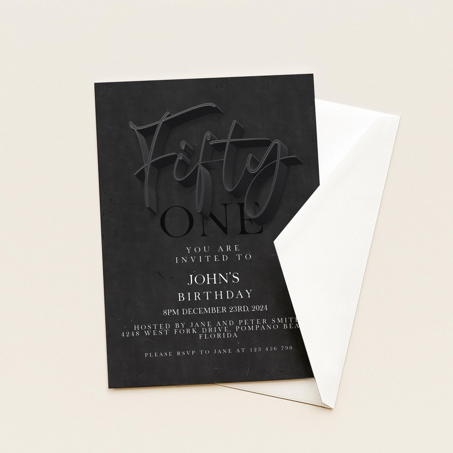 50th Birthday Invitation Black Elegant Script, Modern Milestone Party Invite, Adult Birthday Celebration, Editable TemplateSE19