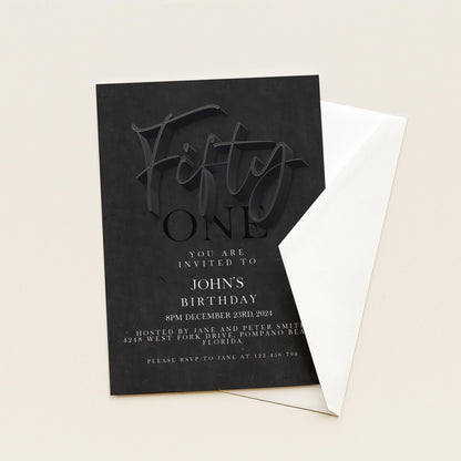 50th Birthday Invitation Black Elegant Script, Modern Milestone Party Invite, Adult Birthday Celebration, Editable TemplateSE19