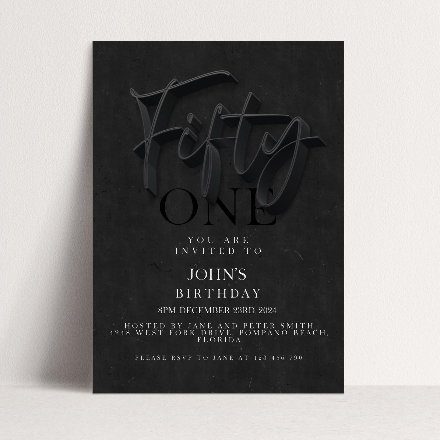 50th Birthday Invitation Black Elegant Script, Modern Milestone Party Invite, Adult Birthday Celebration, Editable TemplateSE19