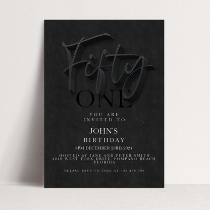 50th Birthday Invitation Black Elegant Script, Modern Milestone Party Invite, Adult Birthday Celebration, Editable TemplateSE19