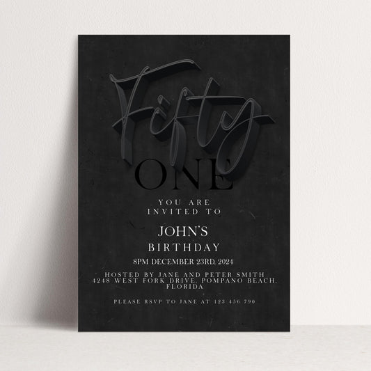 50th Birthday Invitation Black Elegant Script, Modern Milestone Party Invite, Adult Birthday Celebration, Editable TemplateSE19