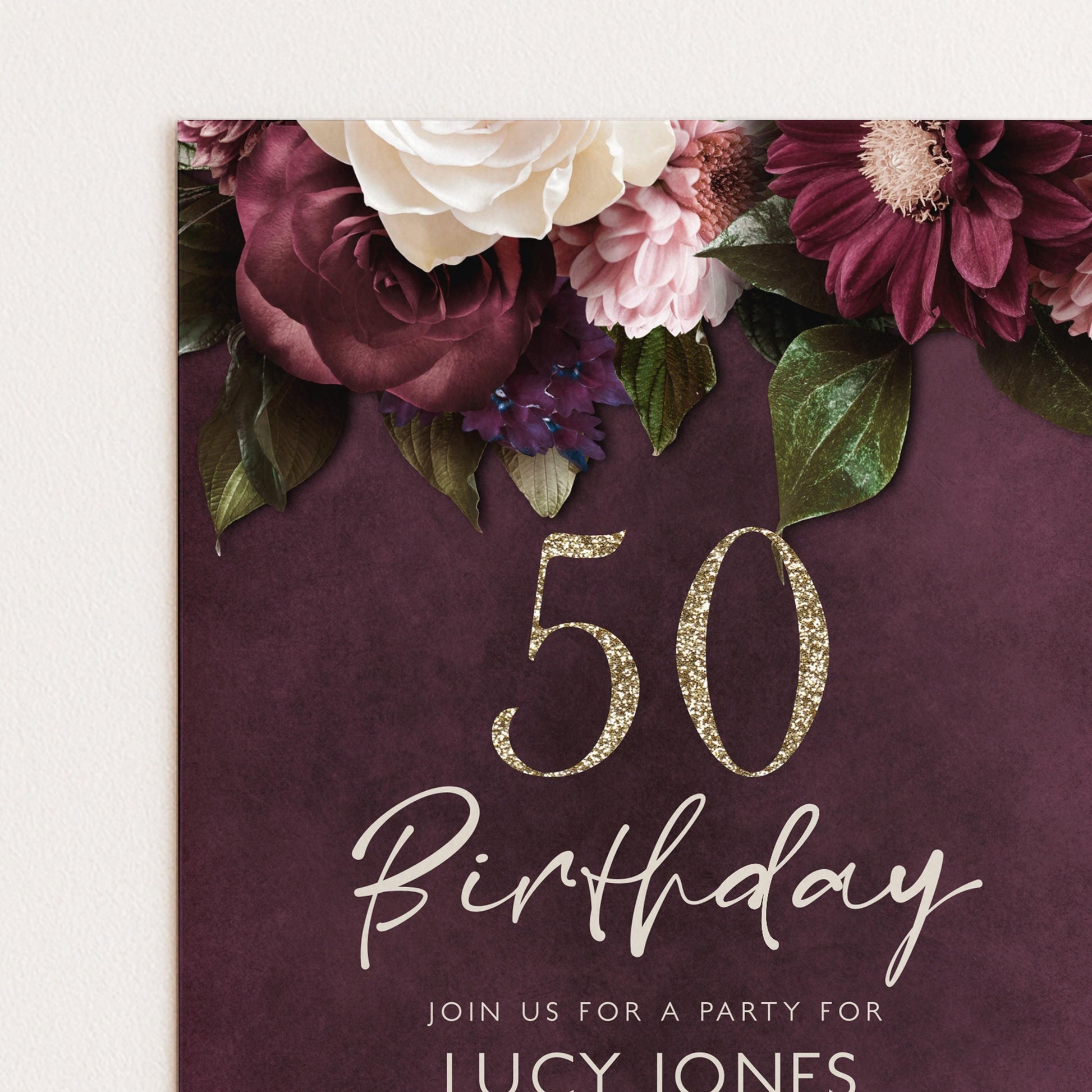 50th Birthday Invitation for Women, Burgundy Floral Party Invite with Gold Glitter, Editable Corjl Template, Digital Instant Download