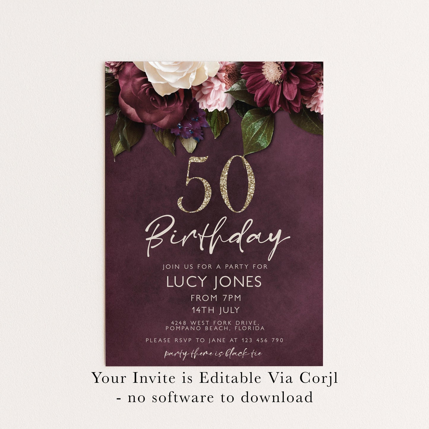50th Birthday Invitation for Women, Burgundy Floral Party Invite with Gold Glitter, Editable Corjl Template, Digital Instant Download