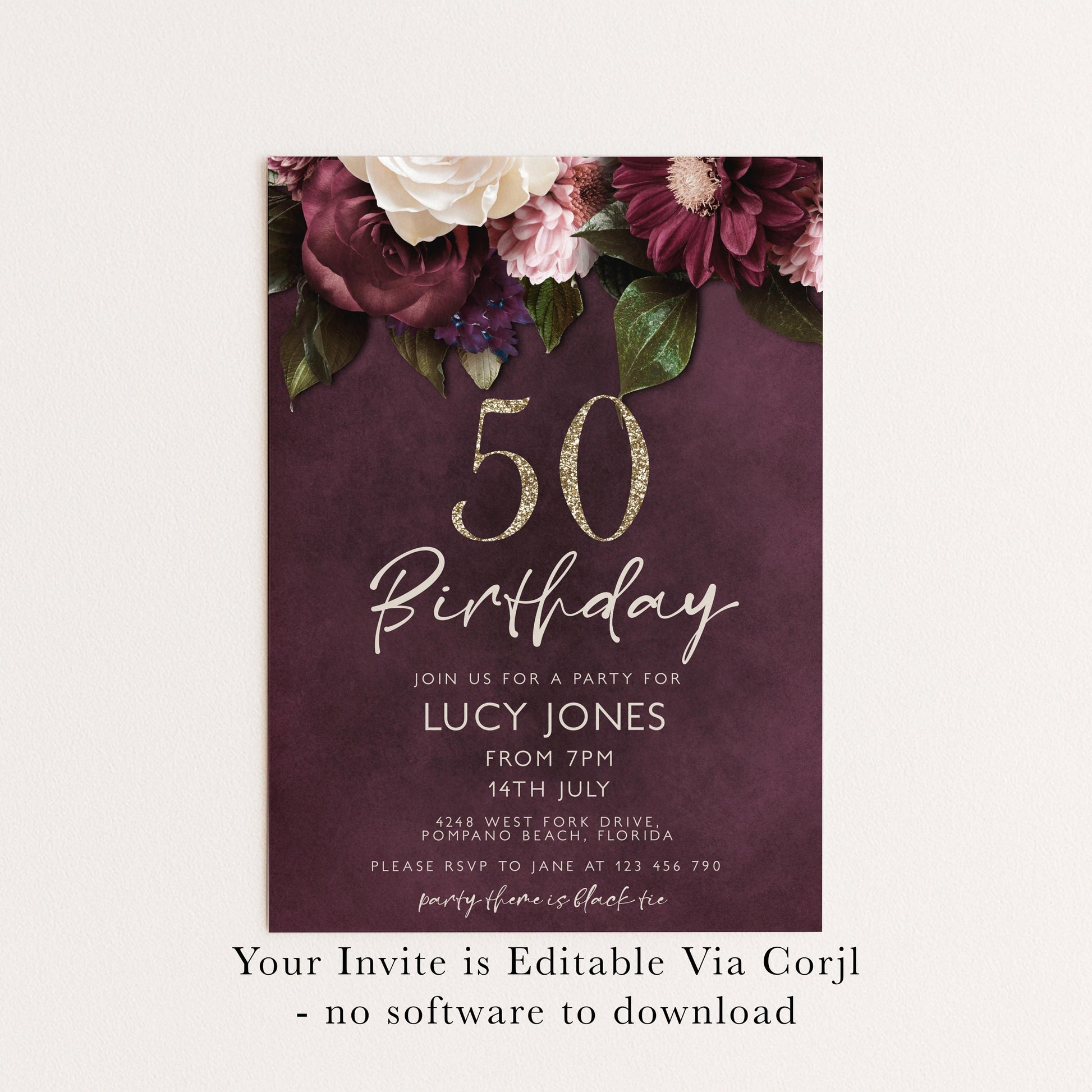50th Birthday Invitation for Women, Burgundy Floral Party Invite with Gold Glitter, Editable Corjl Template, Digital Instant Download