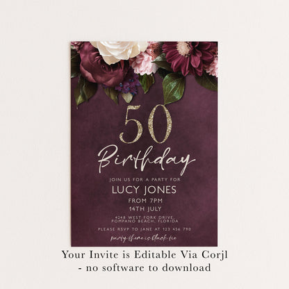 50th Birthday Invitation for Women, Burgundy Floral Party Invite with Gold Glitter, Editable Corjl Template, Digital Instant Download