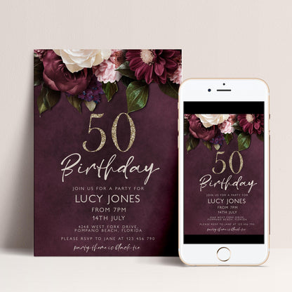 50th Birthday Invitation for Women, Burgundy Floral Party Invite with Gold Glitter, Editable Corjl Template, Digital Instant Download