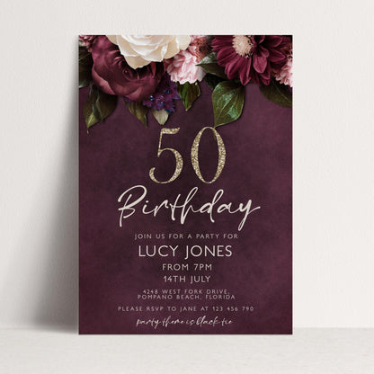 50th Birthday Invitation for Women, Burgundy Floral Party Invite with Gold Glitter, Editable Corjl Template, Digital Instant Download