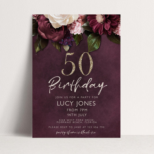 50th Birthday Invitation for Women, Burgundy Floral Party Invite with Gold Glitter, Editable Corjl Template, Digital Instant Download