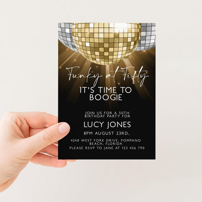 50th Birthday Invitation Disco Theme Editable Funky at Fifty Party Invite Retro Gold Mirror Ball Printable Digital Corjl Template