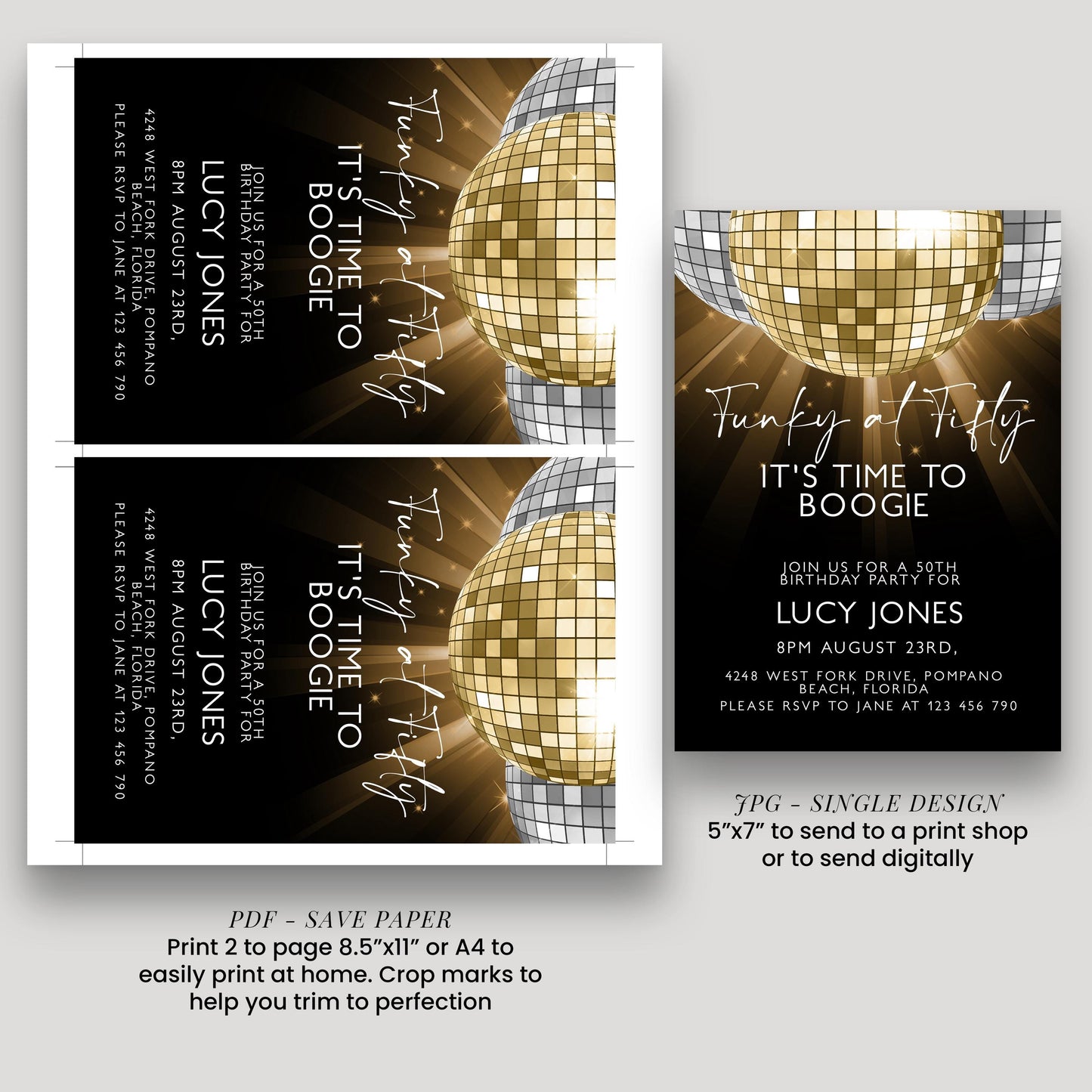 50th Birthday Invitation Disco Theme Editable Funky at Fifty Party Invite Retro Gold Mirror Ball Printable Digital Corjl Template