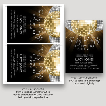 50th Birthday Invitation Disco Theme Editable Funky at Fifty Party Invite Retro Gold Mirror Ball Printable Digital Corjl Template