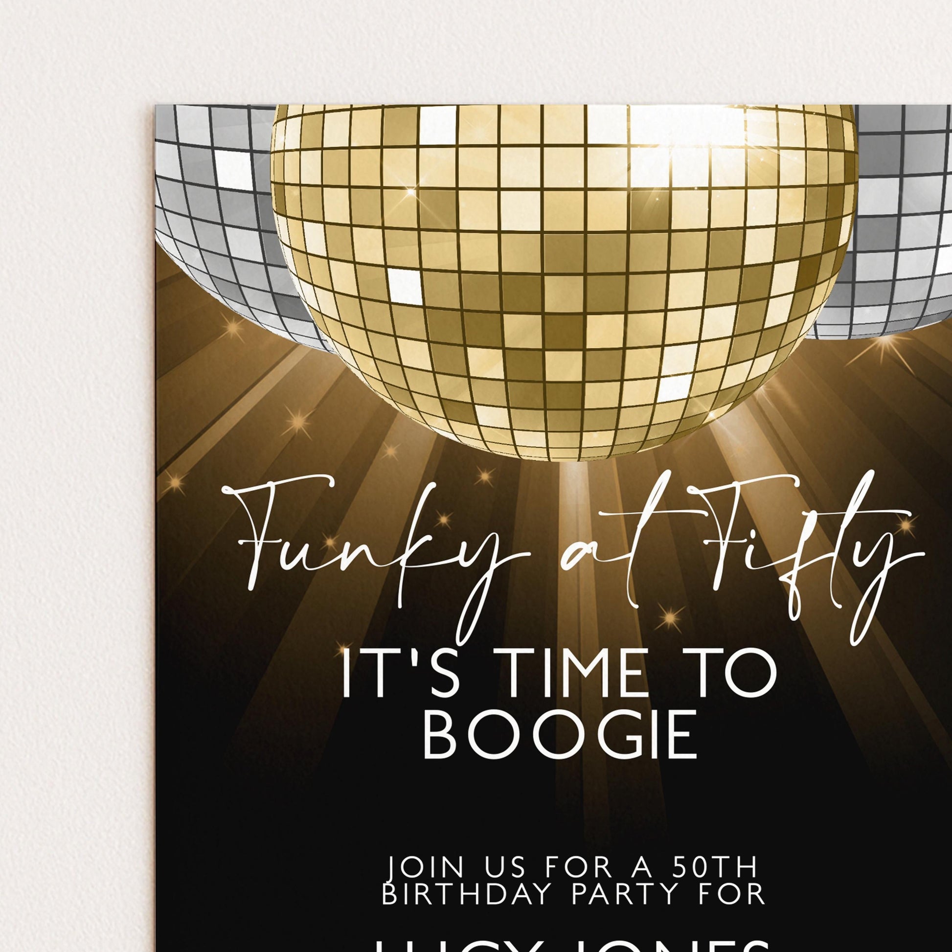 50th Birthday Invitation Disco Theme Editable Funky at Fifty Party Invite Retro Gold Mirror Ball Printable Digital Corjl Template