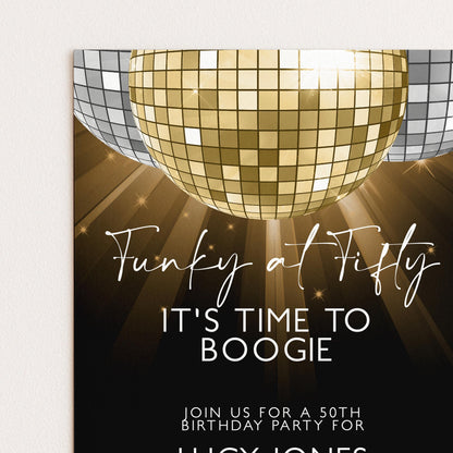 50th Birthday Invitation Disco Theme Editable Funky at Fifty Party Invite Retro Gold Mirror Ball Printable Digital Corjl Template