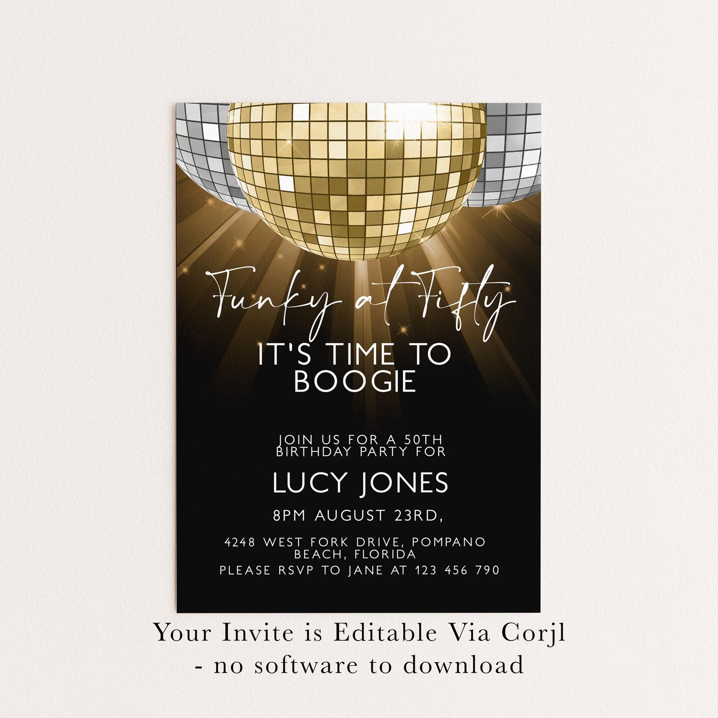 50th Birthday Invitation Disco Theme Editable Funky at Fifty Party Invite Retro Gold Mirror Ball Printable Digital Corjl Template