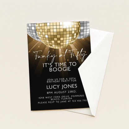 50th Birthday Invitation Disco Theme Editable Funky at Fifty Party Invite Retro Gold Mirror Ball Printable Digital Corjl Template