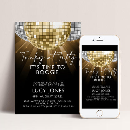 50th Birthday Invitation Disco Theme Editable Funky at Fifty Party Invite Retro Gold Mirror Ball Printable Digital Corjl Template