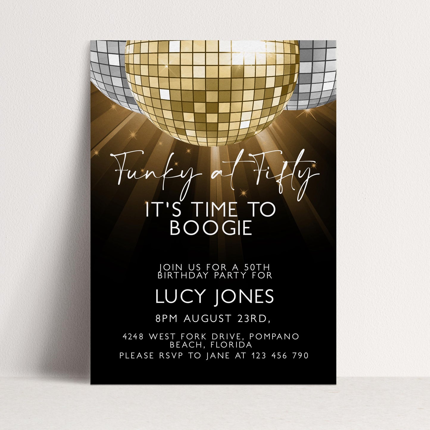 50th Birthday Invitation Disco Theme Editable Funky at Fifty Party Invite Retro Gold Mirror Ball Printable Digital Corjl Template